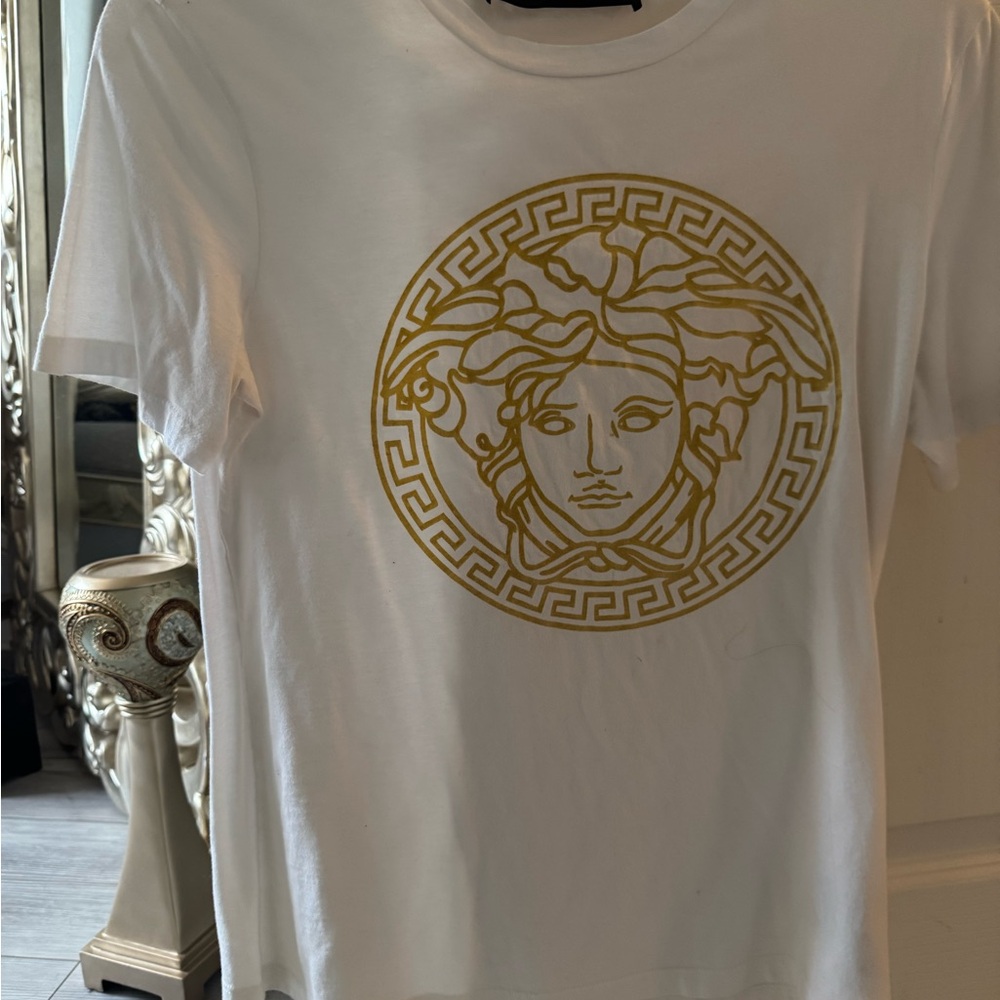 Versace White Tee with Gold Medusa Emblem